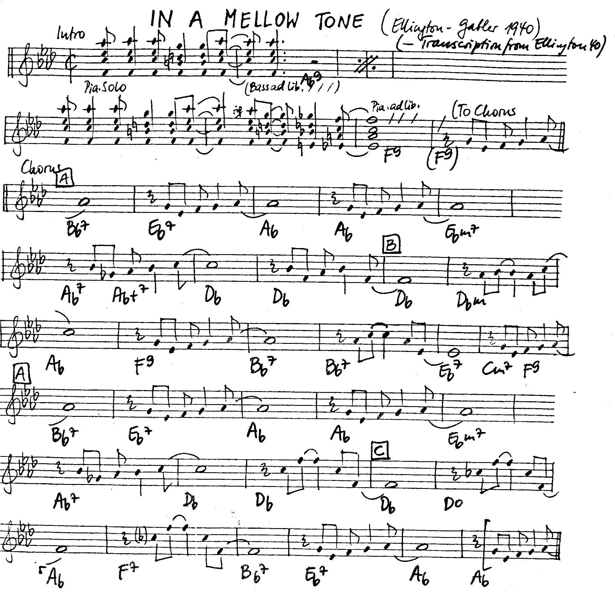 in a mellow tone free jazz leadsheet - Courtesy of the Jungle Jazz Band
